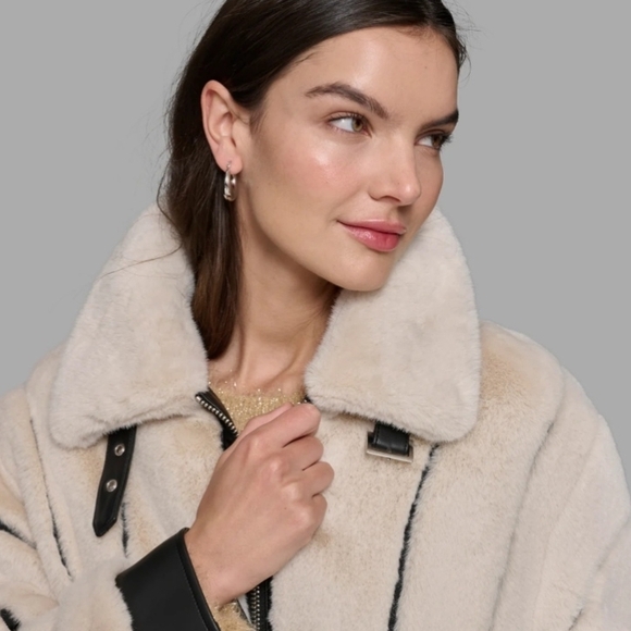 Elegant Cream and Black Faux Mink Lagerfeld Bomber Jacket - Picture 4 of 8